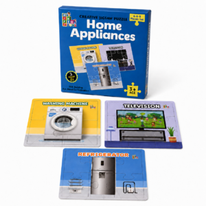 Home Appliances puzzle box with washing machine, television and refrigerator puzzle boards