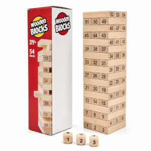 54-piece wooden numbered stacking-block tower with retail box and three dice