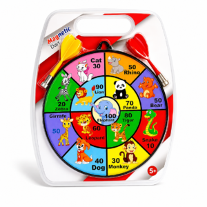 Magnetic animal dart game in carry case with red and yellow darts