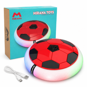 Red and black rechargeable air football with Mirana box and USB charging cable