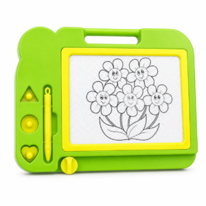 Green and yellow magnetic drawing board with stylus, shape stamps and sliding eraser