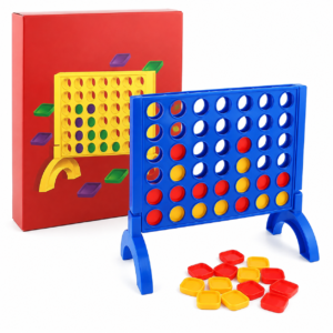 Blue Plot-4 grid game board with red and yellow playing pieces and storage box