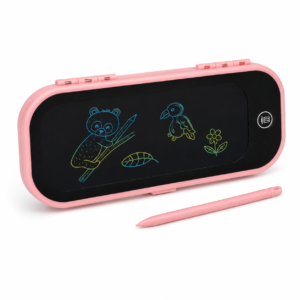 Pink 2-in-1 pencil box with black LCD writing screen and matching stylus
