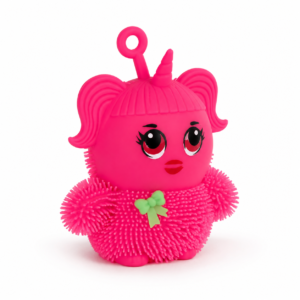 Pink character-shaped sensory puffer with soft tactile strands and hanging loop